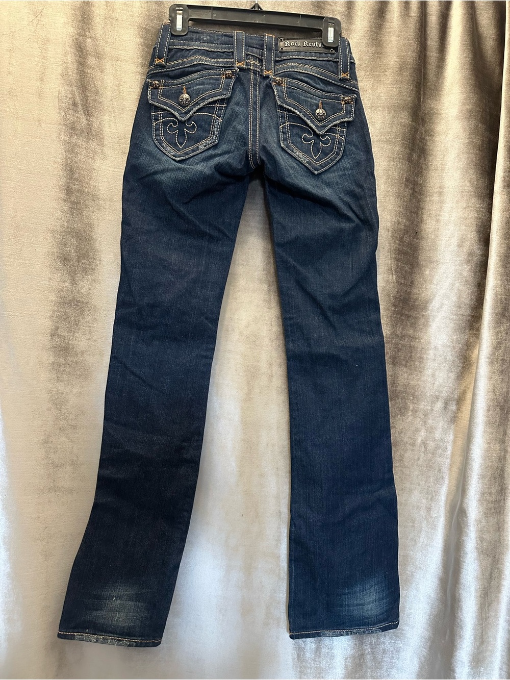 Rock Revival Dark Blue Embroidered Back Pocket Flare Jeans, Boot Cut, Low Rise